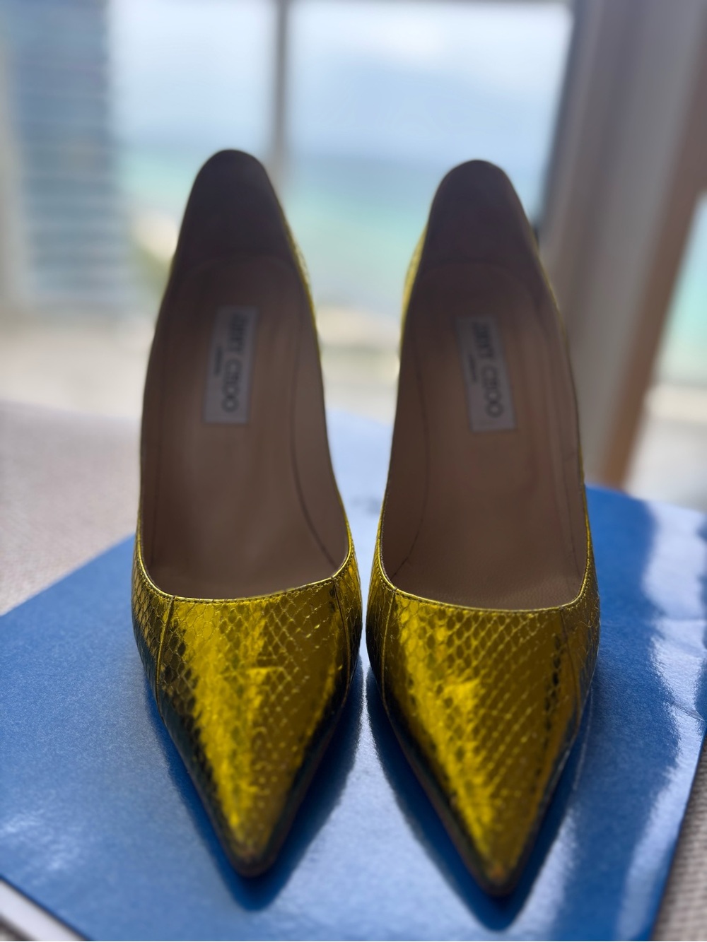 Jimmy Choo Metallic Yellow Snake-Embossed Pointed-Toe Pumps